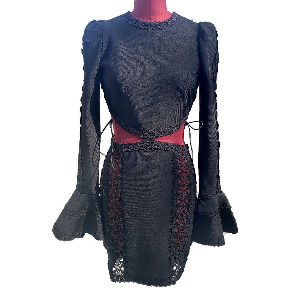 Beulah Bodycon Dress Black Bandage Knit Crew Neck Long Sleeve Cutouts Small
